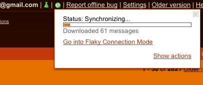 Gmail sincronizando mensaxes tras recuperar a conexión á Internet
